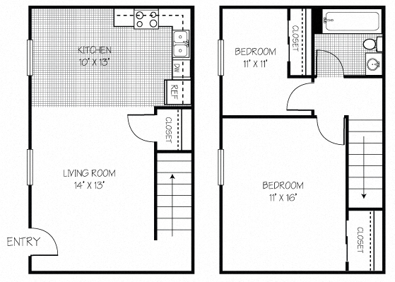 Floor plan for 2 beds, 1 bath